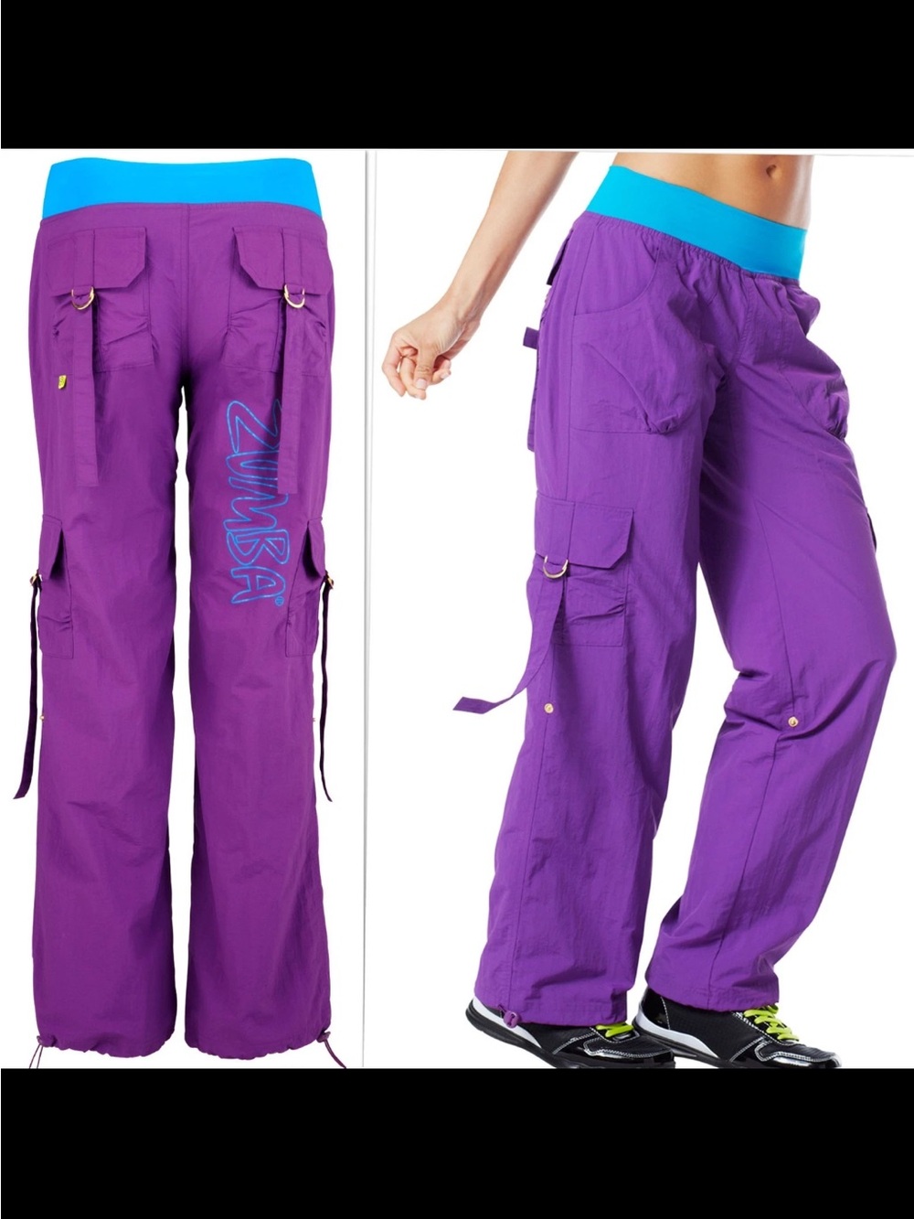Zumba Fitness CRAVEWORTHY Women's Purple Baggy Cargo Pants Teal Waistband Medium
